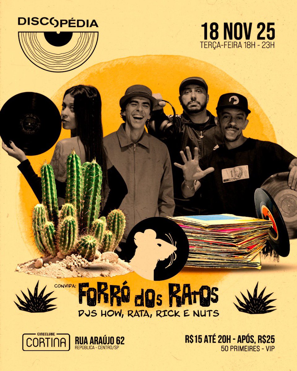 _Discopedia's tweet image. A sensacional de São Paulo, orgulhosamente apresenta pela primeira vez, o especial "Forró"!

Forró dos Ratos no comando da pista!
DJs How, Rata, Rick &amp;amp; Nuts.

Daqui a pouco, a partir das 18h no Cineclube Cortina.

DJs DanDan, Marco &amp;amp; Nyack nos toca-discos.
Abertura, DJ Lino.