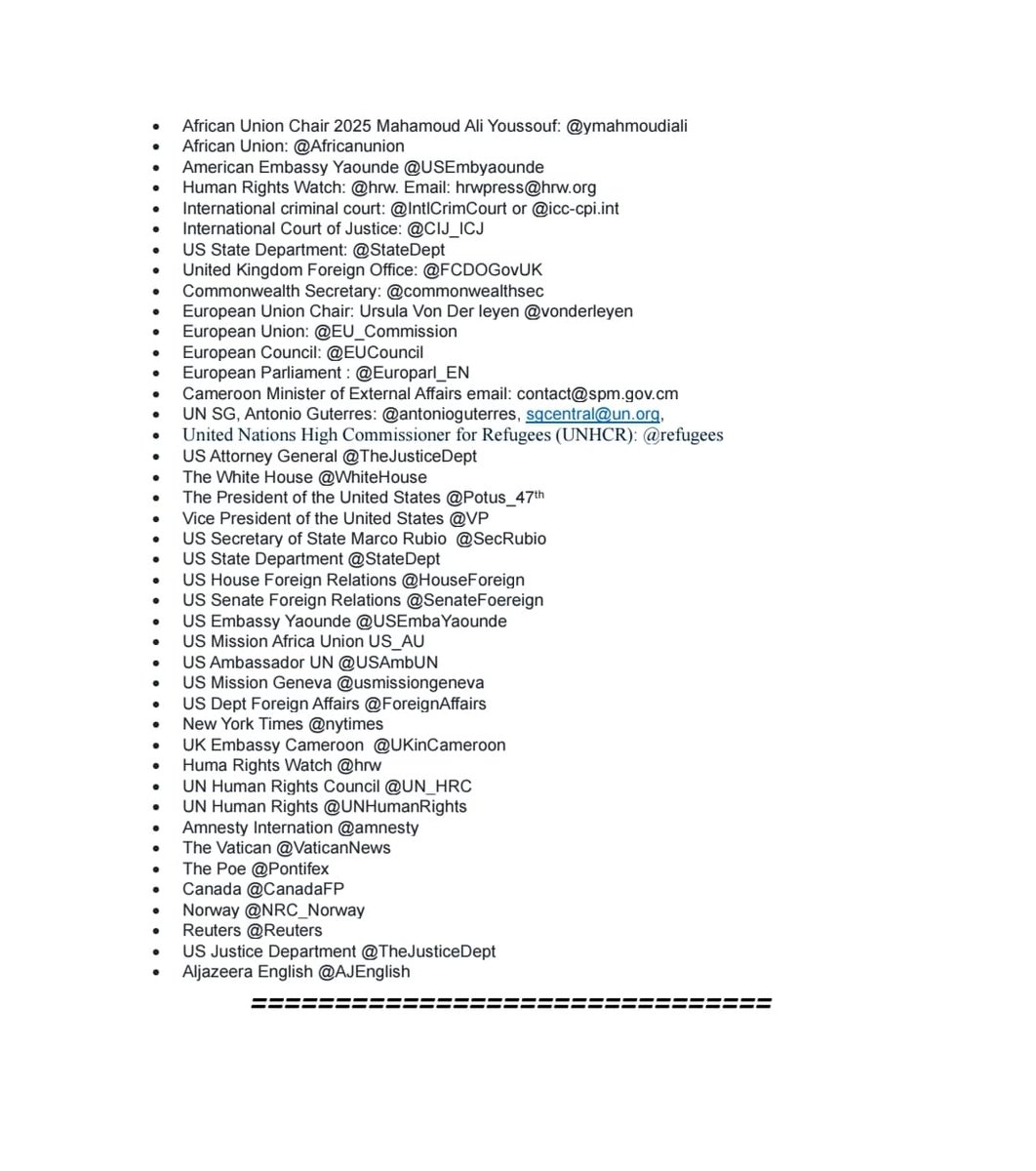 In reaction to a purported message from Mr <a href="/ITBakary/">ISSA TCHIROMA BAKARY</a> - calling on the "leaders of our anglophone brothers" to block the circulation of goods &amp; persons "between our two regions" from Monday to Thursday, see President, <a href="/SamuelSako/">President Samuel Sako</a> clarification attached. 
<a href="/StateDept/">Department of State</a> <a href="/UN_HRC/">UN Human Rights Council</a> <a href="/ACHPR/">AfricanCommissionHPR</a>
