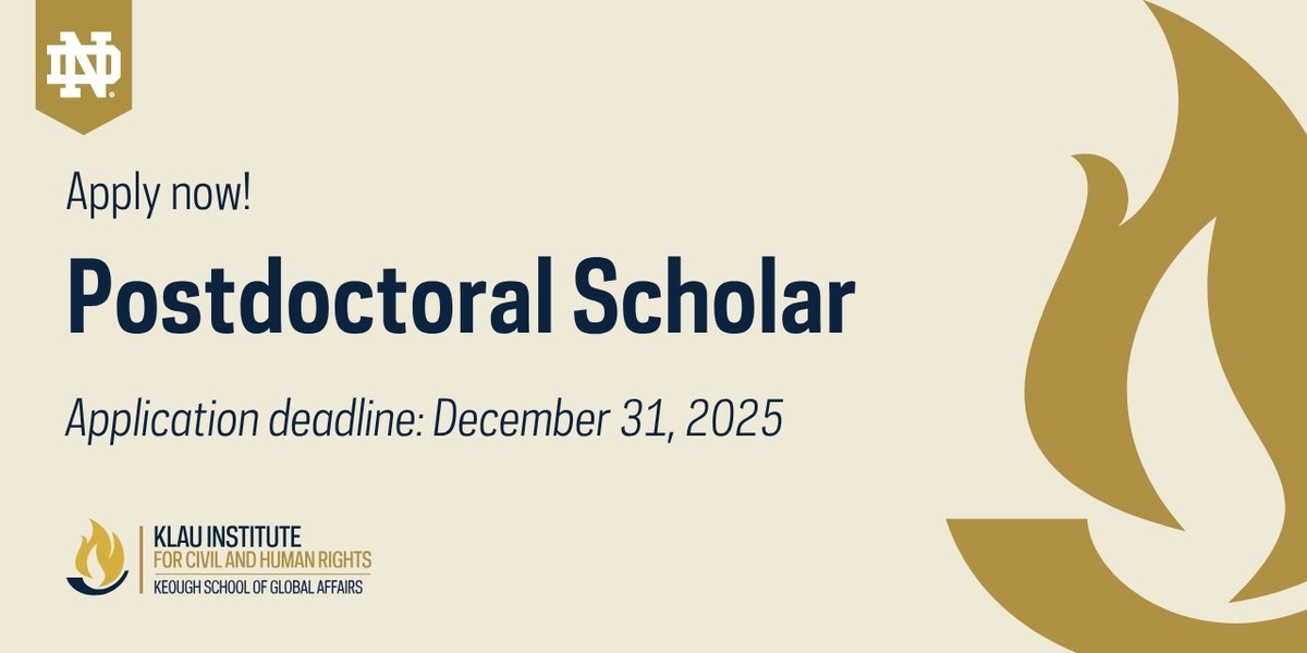 NDHumRts's tweet image. The Klau Institute for Civil and Human Rights, part of @KeoughGlobalND, has an opening for a postdoctoral scholar to start in summer 2026.

👉 See more details and apply here: apply.interfolio.com/177620