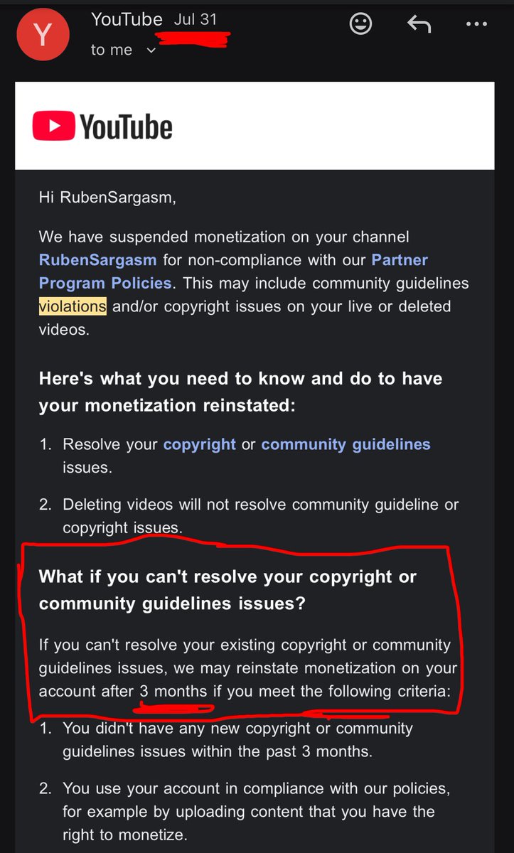RubenSargasm's tweet image. Hey @TeamYouTube , my channel was demonetized on July 31st for what I was told would be 3 months. I patiently waited until my 90 days were up, and I was not able to reapply for monetization. I talked to the live support, which told me I needed to wait until November 14th to (1/?)