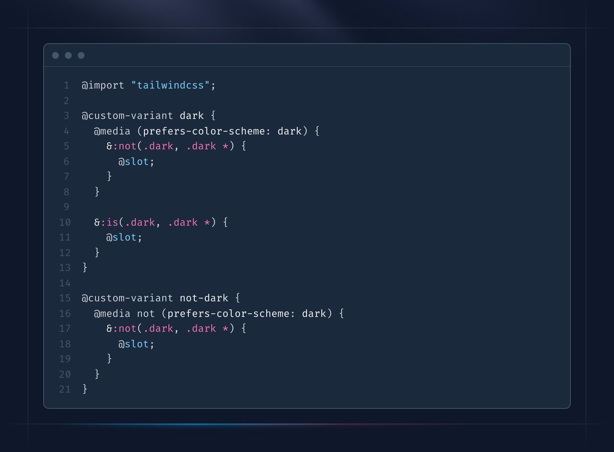 深色模式变体，如果存在 `dark` 类，则遵循该类；否则，仅依赖媒体查询 🤔 真希望这是 Tailwind 的默认设置，也许我今天会将其标记为 v5。