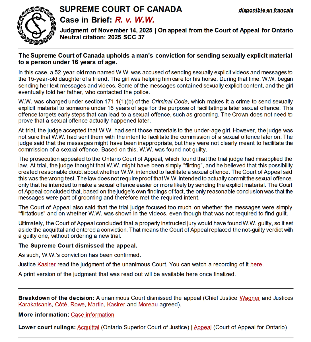 LawScribes's tweet image. Unanimous oral Supreme Court Canada judgment. #SCC upholds man’s [ONCA] conviction for sending sexually explicit material to person under 16 years of age [child]. Watch and listen to J Kasirer&apos;s oral judgment. #criminallaw #children