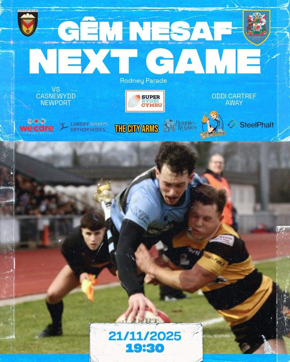 Cardiff_RFC's tweet image. GÊM NESAF | NEXT MATCH 

🆚 @NewportRFC
🏆 @SuperRygbiCymru 
🏟️ Rodney Parade
🕝 Fri 21st Nov - KO 19:30 

#YmlaenCaerdydd #BlueAndBlacks 💙🖤