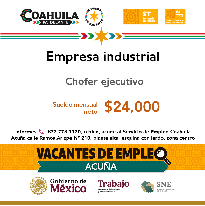 SNEACUNA's tweet photo. 📢Vacantes de empleo en #RegiónNorte  💼🔎 
#Acuña

📌 Servicio de Empleo Coahuila #Acuña
 📍  Dirección: Ramos Arizpe N°210, esquina con calle lerdo, planta alta, Zona Centro
 📞 Informes 877 77 31170
Contáctanos hoy mismo.  🙌

#CoahuilaPaDelante #APasosDeGigante #SNEparaTodos https://t.co/uWssBqoQU4