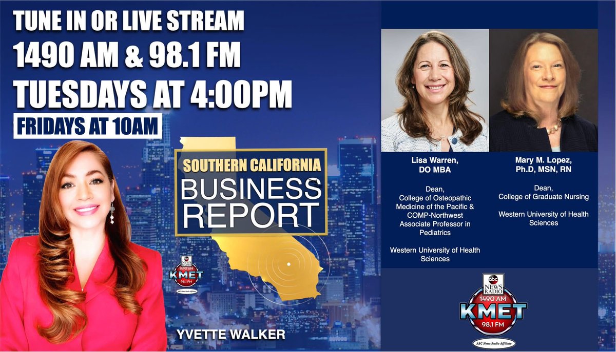 TODAY @ 4pm - <a href="/KMETRadio/">KMET1490AM</a>  
&amp; FRIDAYS @ 10am
📺: vimeo.com/event/4790975/…

Dr. Lisa Warren &amp; Dr. Mary Lopez stand as beacons of visionary leadership. As deans of Western University of Health Sciences’ College of Osteopathic Medicine and College of Graduate Nursing
<a href="/ABC/">ABC News</a> <a href="/ABCNetwork/">ABC</a>