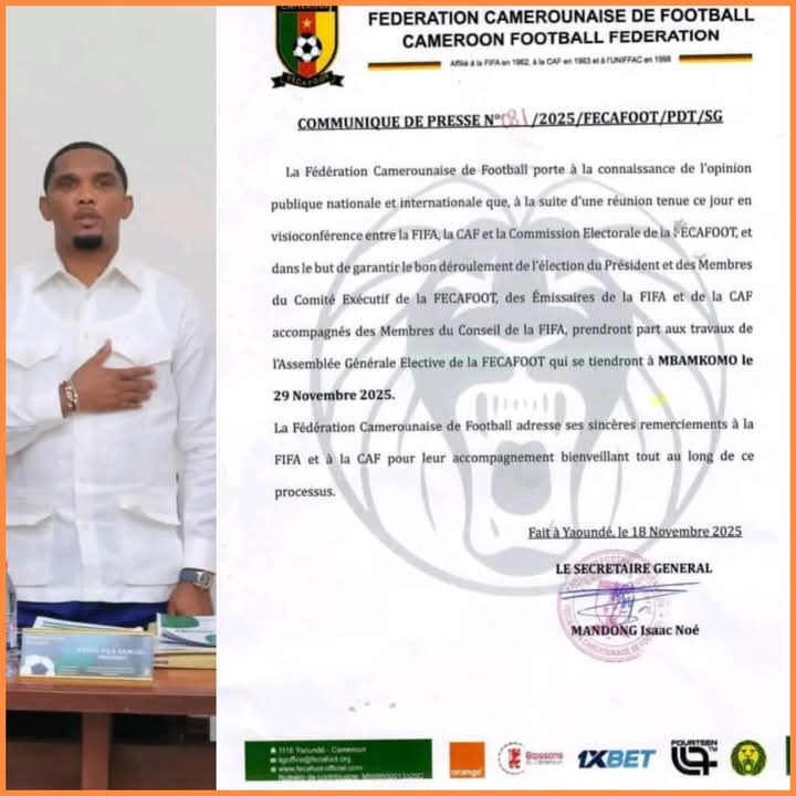 La #FECAFOOT annonce officiellement la présence des émissaires de la #FIFA et de la #CAF aux travaux de l'Assemblée Générale Élective du 29 novembre 2025 à Mbankomo.
