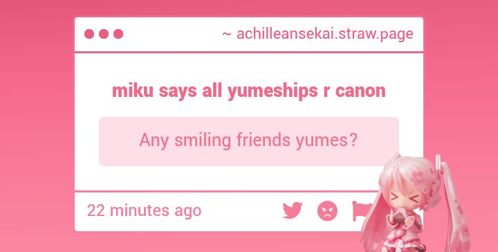 achilleansekai's tweet photo. 🎭  ·  search

    anon  is  searching  for  smiling  friends  yumes! https://t.co/yDwm8VkuW2