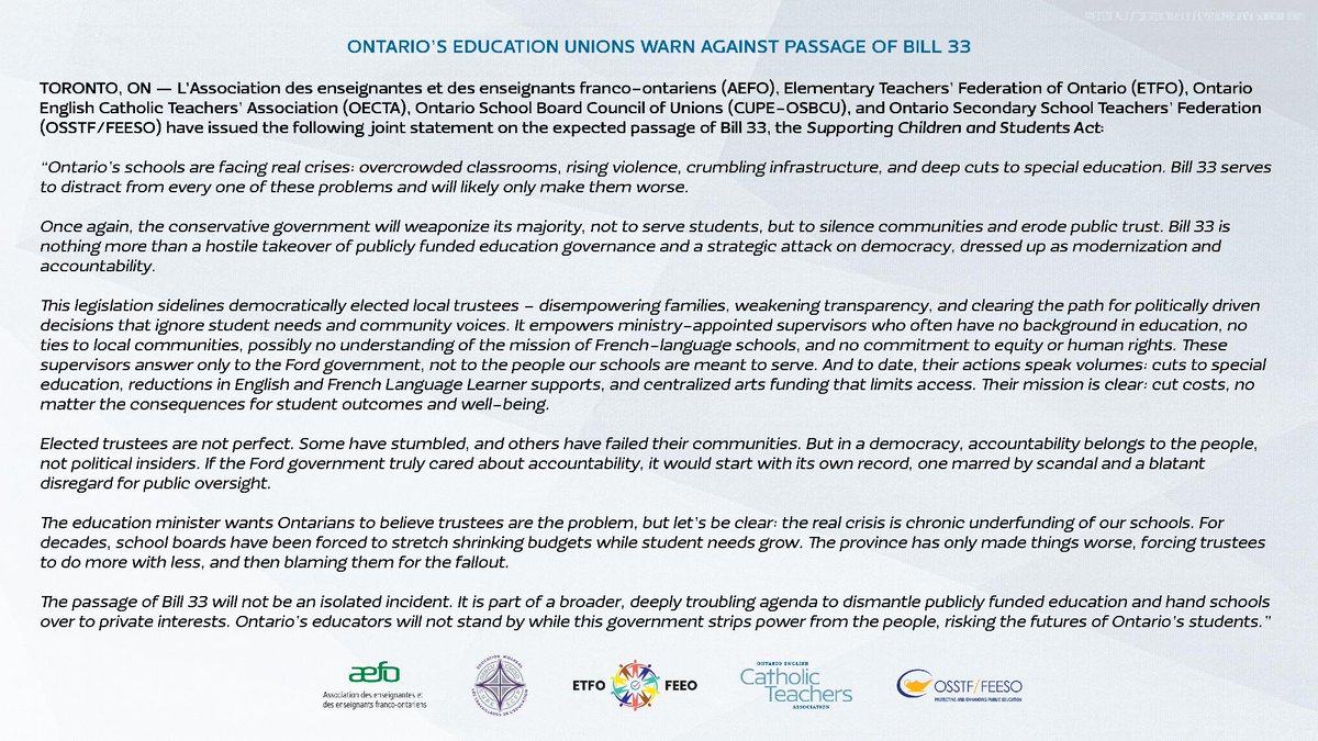 The Ford govt is once again using its majority to centralize power &amp; silence YOU.

#Bill33 is a distraction from the REAL issues hurting #OntEd: chronic underfunding, rising violence, &amp; cuts to the supports students rely on.

🌐 Full joint statement: bit.ly/48jpxNY