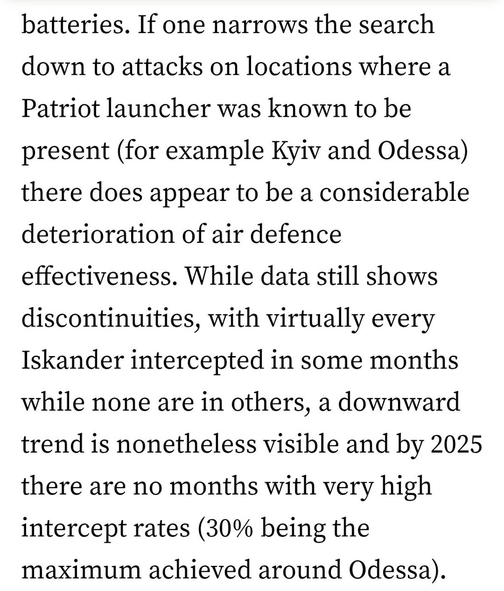 Very good work from RUSI, who finds that even controlling for areas that are defended by Ukrainian Patriot, there has been a big degradation in missile defense effectiveness.