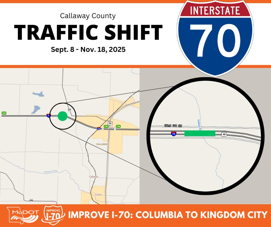 ATTN I-70 TRAVELERS: Both directions of I-70 at Sallees Creek, west of Kingdome City, will return to their normal lanes of travel overnight Nov. 18, though both outer roads will remain closed at this time.

Learn more: modot.org/node/80235