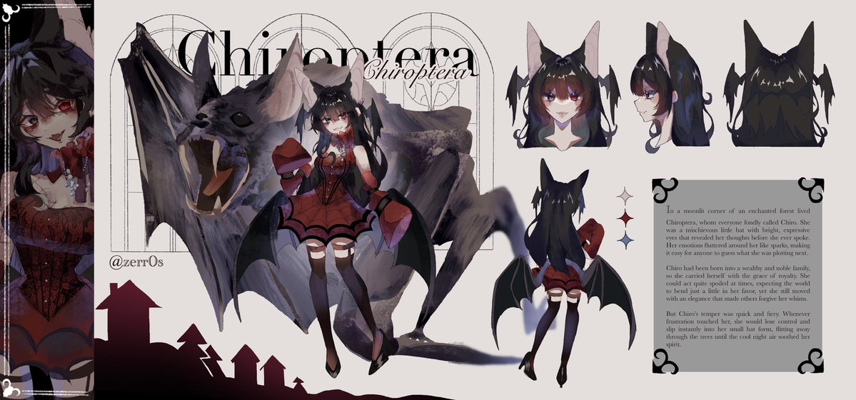 Zerr0s's tweet image. .𖥔 ݁ ˖🦇 ݁˖  ݁𖥔 . 

I finally finish the reference sheet of my oc Chiro! She is a mischievous bat with a chaotic personality. Expressive, she cannot hide her expression, making it extremely easy to guess what she’s thinking. The bat behind her is her second form!