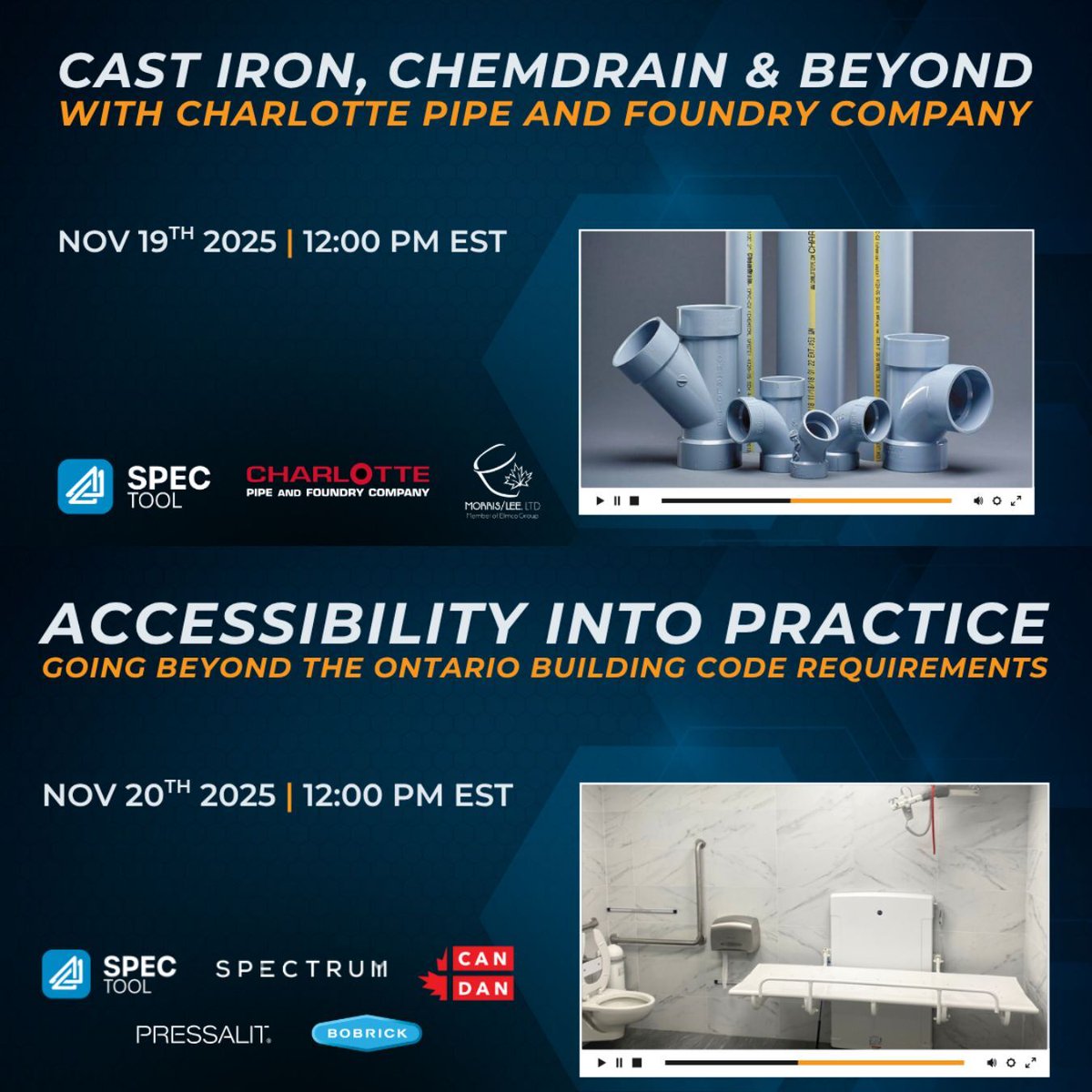 🔥 Two high‑value webinars. One week. Zero cost.
🔧Nov 19 @ 12PM EST – Engineers &amp; Specifiers: Smarter piping with @CharlottePipe
 🏛️Nov 20 @ 12PM EST – Architects: Real‑world accessibility beyond the OBC

Register  hubs.la/Q03TMn7j0

 #DesignAccessibility #SpecSmarter
