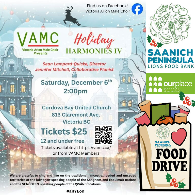 Experience the joy of the season as the @vamcig presents a heartwarming Christmas concert filled with festive harmonies and holiday spirit on December 06. We’re accepting food donations allocated for the @saanichpeninsulafood and also taking in warm socks for <a href="/ourplacesociety/">Our Place Society</a>