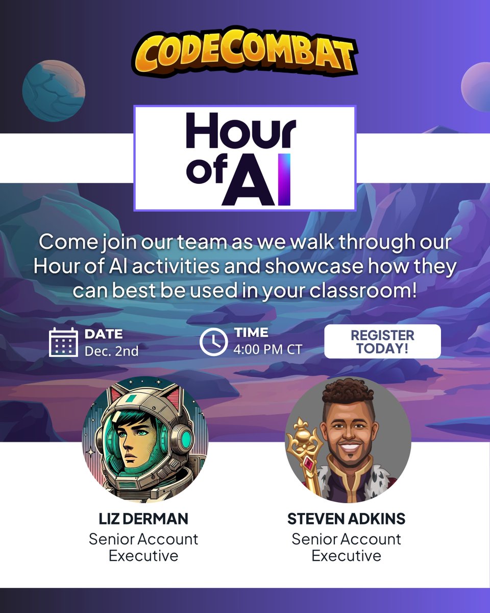 CodeCombat's tweet image. 🚀 Join us for the Hour of AI Webinar!
Celebrate #CSEdWeek with @CSforALL, Code.org, and CodeCombat as we showcase new cross-curricular AI activities for ELA, math, CS, and esports.
🔗 Register: us06web.zoom.us/webinar/regist…

#HourOfAI #EdTech #AI #CSforALL #CSEdWeek