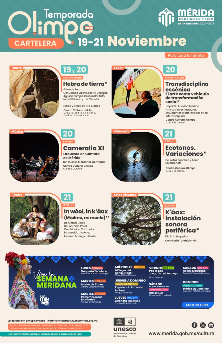 🙌😊 Esta semana les invitamos a sumarse a la programación llena de arte y cultura de la #TemporadaOlimpo2025. ¡Ven con tu familia y amigos! #Teatro #Música #ArtesVisuales #Talleres 
¡Seguimos impulsando actividades para todas y todos! #MéridaContigoEsMejor <a href="/CeciliaPatronL/">Cecilia Patrón Laviada</a>