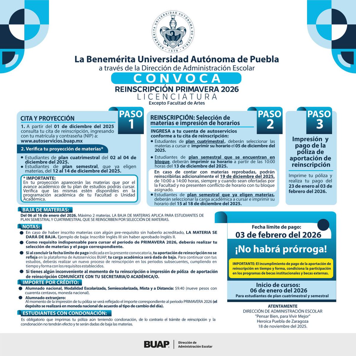 buap_fcc's tweet image. Ya puedes consultar la Convocatoria de Reinscripción de Licenciaturas Primavera 2026 en 📷
bsu.buap.mx/fTl