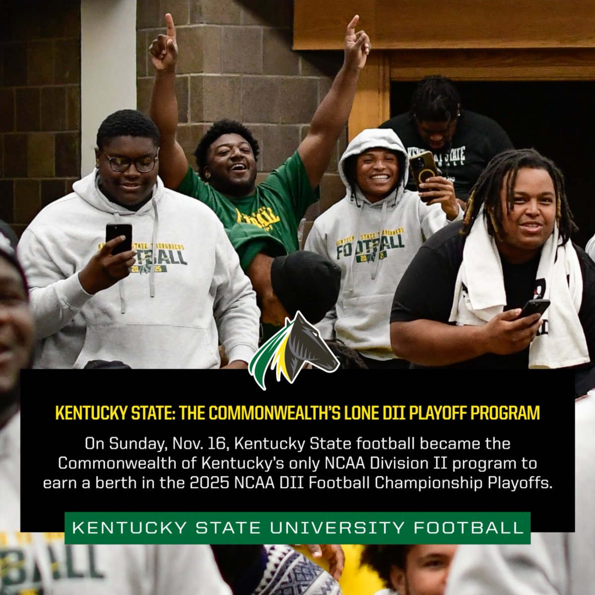 FB | History in the Commonwealth.

Kentucky State is the only NCAA Division II program in Kentucky to earn a spot in the 2025 NCAA DII Football Championship Playoffs.

#KSUFB