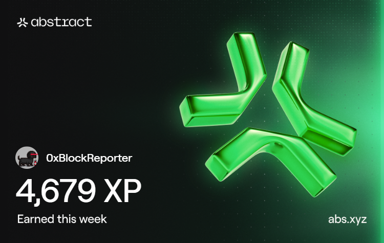 0xBlockReporter's tweet image. This week I earned 4,679 XP on @AbstractChain! 

It&apos;s not much, but it is what it is. I keep moving towards the golden tier 🔥

How much XP did you earn this week? Flex your card in the comments 👇