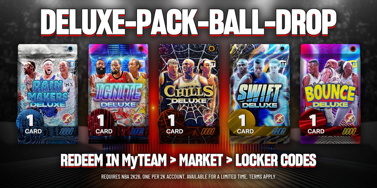 NBA2KMyTEAM's tweet image. 🎁 Locker Code Alert!

Redeem code DELUXE-PACK-BALL-DROP for a ball drop mini-game to secure a Rainmakers, Ignite, Chills, Swift, or Bounce Deluxe Pack 🤯