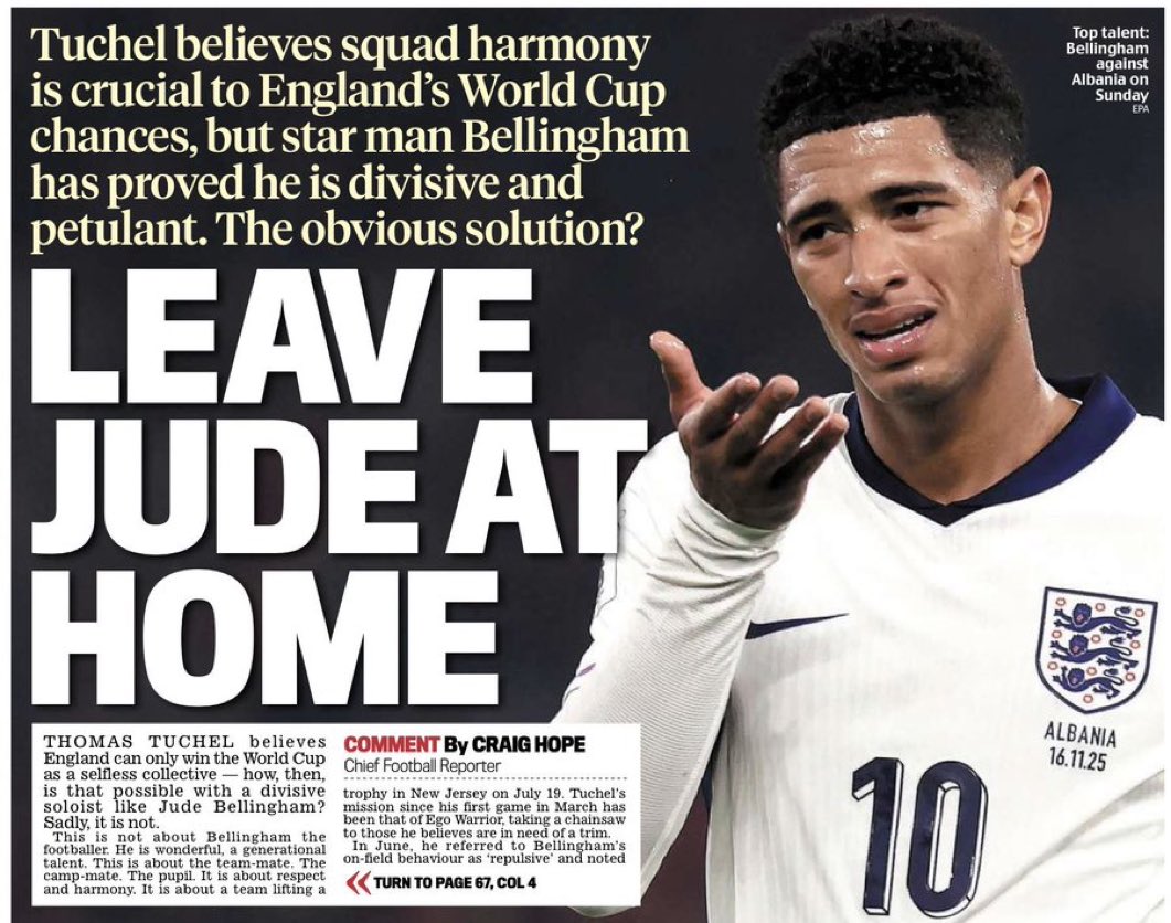 _Futbolero_'s tweet image. En Inglaterra hablan de dejar a Bellingham fuera del Mundial debido a problemas de convivencia en el vestuario. En España, sin embargo, esconden la noticia.