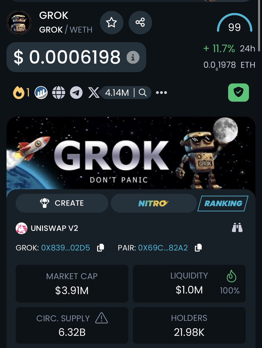 Pascal_42069's tweet image. GROK is trending again on @DEXToolsApp! 🔥#1

We will continue building for the greatest Narrative &amp;amp; Community in Memecoin History 🚀

This is your sign to fully GROK IN 🔐