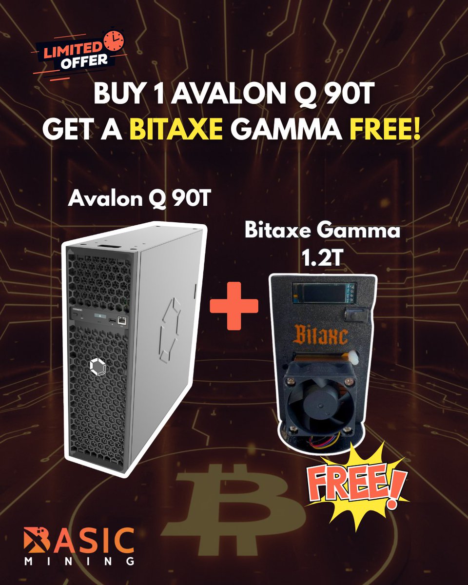 BasicMining's tweet image. ⚡Home Mining Bundle⚡

Buy 1 Avalon Q 90T, get a Bitaxe Gamma FREE 🪓

🇺🇸US Stock - Ready to ship! 🇺🇸
✅ Avalon Q  90T - $1789
✅ Bitaxe Gamma 1.2T - $69 FREE
📦US Domestic Shipping Included

🔥 Limited stock — grab yours before it’s gone!

Contact us now!
➡️…