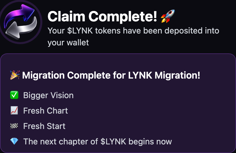 MigrateFun's tweet image. Just claimed my $LYNK tokens on @MigrateFun! 🚀

The next chapter of $LYNK begins now!