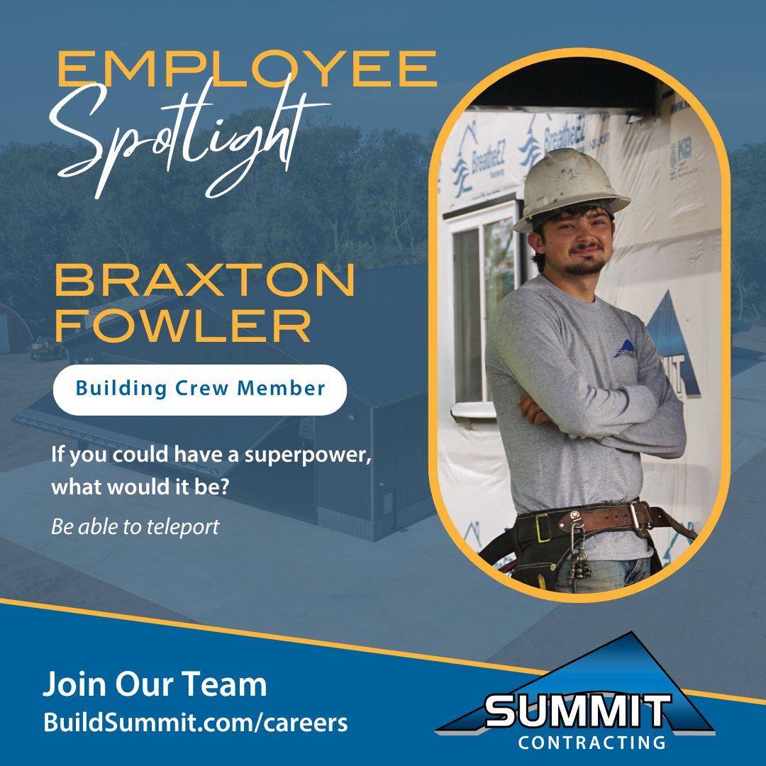 Meet Braxton Fowler—building crew member in Brookings and Build Dakota scholar. He’s known for his work ethic, great attitude, and love of fishing and golf. We’re proud to have him on the team! Join us: BuildSummit.com/careers