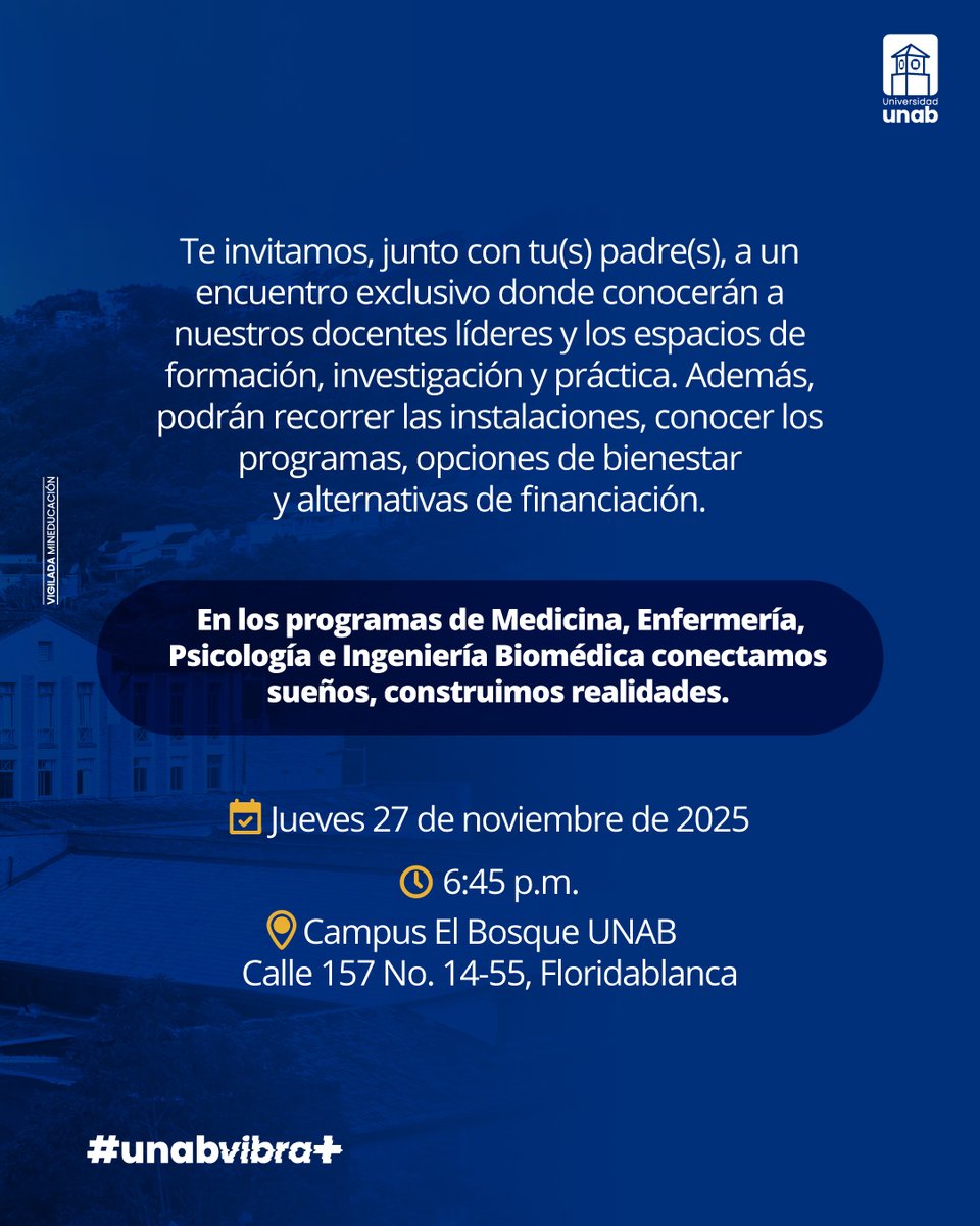 ¡Vive la experiencia UNAB desde adentro 😃! En #FamiliasEnLaU descubrirán juntos nuestras carreras en Medicina, Psicología, Enfermería e Ingeniería Biomédica.

Agenda tu visita aquí ➡️: bit.ly/4qSzyZP