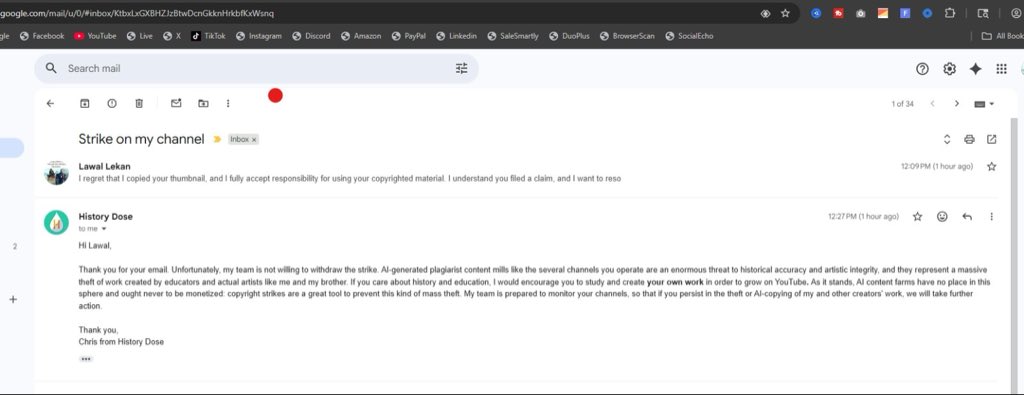 Leksautomate's tweet image. .
Today, my channel got struck not because of the thumbnail I duplicated but because of AI Assisted content.

I reached out to the claimant and realized something:
It wasn’t truly about the thumbnail.
It was about the fact that I used AI to create in days what normally takes them…