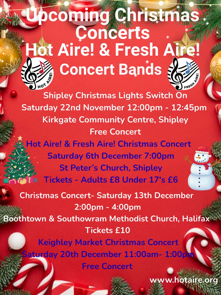 HotAireBand's tweet photo. Here are all our upcoming Christmas Concerts 🎄🎶 

Hope you can join us! 🎄☃️🎅🏼 
@ShipleyTC 
@stjosephskly 
@BradfordMarkets 

#Christmas #christmasconcert https://t.co/6WZj4SvBXl
