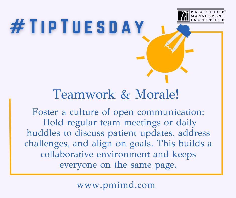 pmimd's tweet image. 🎉 #TipTuesday Alert! Want to supercharge your team&apos;s morale and productivity? It all starts with OPEN COMMUNICATION! 🗣️ Regular meetings and daily huddles aren&apos;t just chats – they&apos;re game-changers for alignment and collaboration! 
#PMI #MedicalOfficeTips