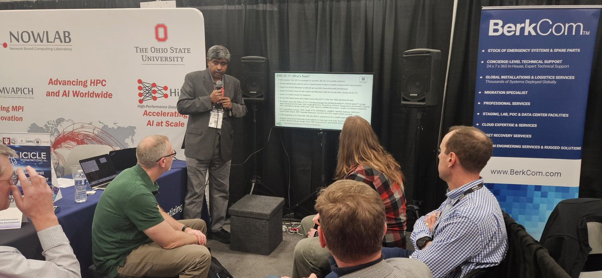 mvapich's tweet image. Happening right now: Dr. Sameer Shende of @uoregon discussing the E4S profiling toolkit for #HPC and #AI, with support for #MPI like @mvapich, at our #SC25 booth!!
