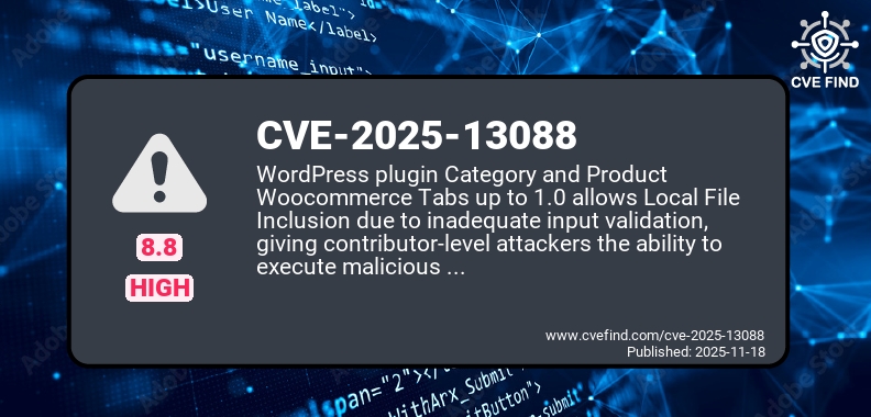 CveFindCom's tweet image. [CVE-2025-13088: HIGH] Cyber security alert: Category &amp;amp; Product Woocommerce Tabs plugin for WordPress up to version 1.0 vulnerable to Local File Inclusion due to insufficient input validation.#cve,CVE-2025-13088,#cybersecurity cvefind.com/CVE-2025-13088