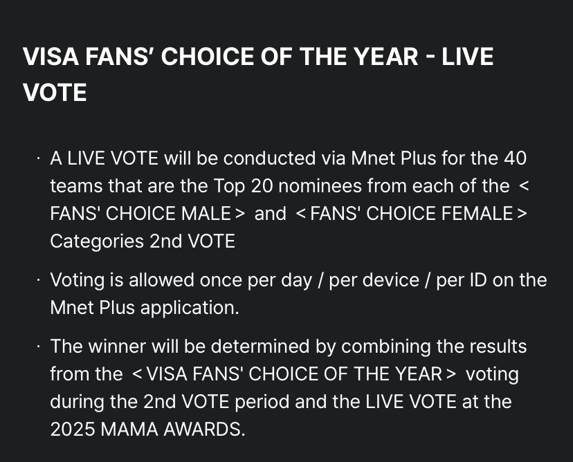 7sengene's tweet image. this is the rules for live voting. we will have more details before mama (hopefully), but it will definitely take place on november 28th. if it is similar to last year, it should start before red carpet and will be on-going during the main show. we will get few hours to vote