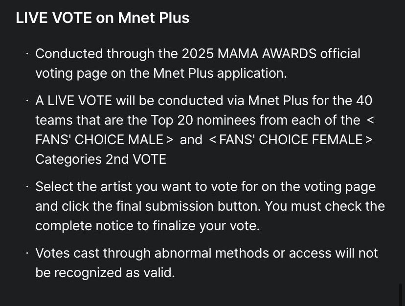 7sengene's tweet image. this is the rules for live voting. we will have more details before mama (hopefully), but it will definitely take place on november 28th. if it is similar to last year, it should start before red carpet and will be on-going during the main show. we will get few hours to vote