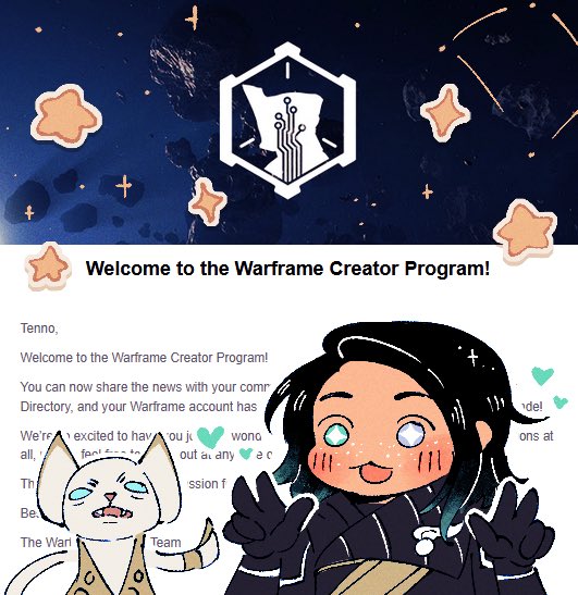 hey guys !! guess who got invited to the <a href="/PlayWarframe/">WARFRAME</a> creator program 🩵

thanks to everyone who's ever enjoyed the stuff i make, and here's to a LOT of drawing in the future !!! 🫡