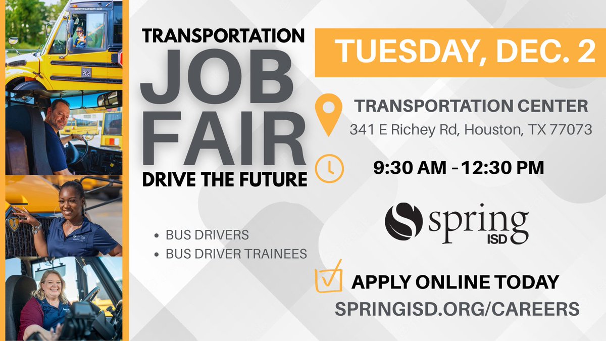 SpringISDHR1's tweet image. 🚍 @Spring ISD Transportation Job Fair – December 2!
 Let’s Drive the Future!
Looking for a rewarding career where you can make a difference every day?  We&apos;re hiring dedicated individuals to help safely transport our students and support our growing district.