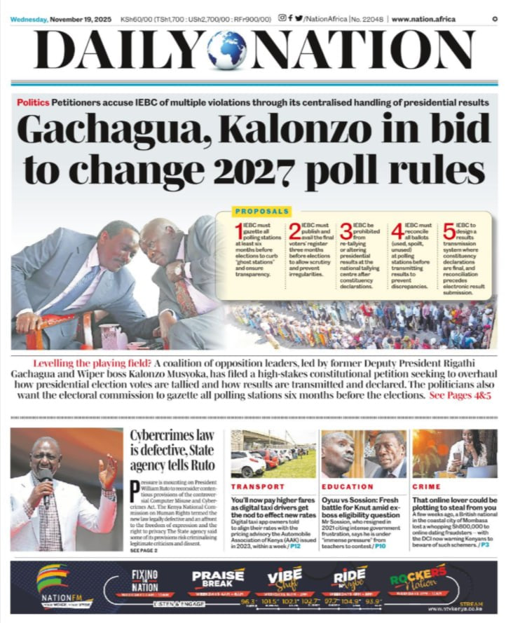 NyakundiReport's tweet image. A high-stakes constitutional petition challenging the conduct of Kenya’s electoral process has been filed by a coalition of opposition leaders led by former Deputy President Rigathi Gachagua and Wiper Party leader Kalonzo Musyoka, seeking to overhaul how presidential votes are…