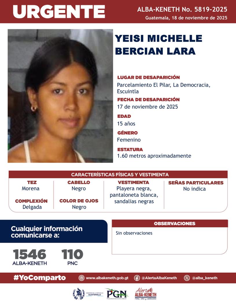 alba_keneth's tweet image. #AlertaAlbaKeneth⚠️| Yeisi Michelle Bercian Lara de 15 años de edad. Desapareció el 17 de noviembre de 2025, en Parcelamiento El Pilar, La Democracia, Escuintla.

🔁Comparte y ayúdanos con su localización.
📞Si tienes información llama al 1546. #YoComparto