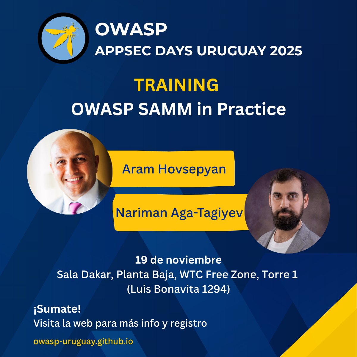 *ACLARACIÓN: debido a cambios en la cantidad de participantes los trainings del OWASP AppSec Days Uruguay 2025 se realizarán en WTC FRee Zone*
(Luis Bonavita 1294, Torre 1, Sala Dakar, Planta Baja)

owasp-uruguay.github.io