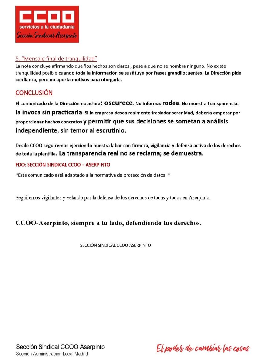 carlosmag66's tweet image. Comunicado de la Sección Sindical de CCOO en Aserpinto. Viva la lucha de los trabajadores y las trabajadoras de la Empresa Pública.
