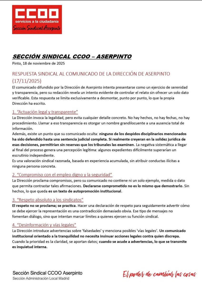 carlosmag66's tweet image. Comunicado de la Sección Sindical de CCOO en Aserpinto. Viva la lucha de los trabajadores y las trabajadoras de la Empresa Pública.