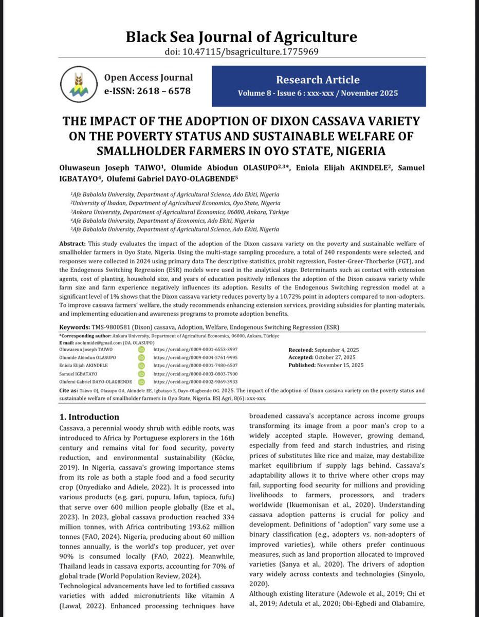 meehdhey's tweet photo. Our article tilted “ The Impact of the Adoption of Dixon Cassava Variety(TMS-9800581) on the Poverty Status and Sustainable Welfare of Smallholder Farmers in Oyo State, Nigeria” has been published by the Black Sea Journal of Agriculture. 

Journal page: https://t.co/ZxLxrDpFz7 https://t.co/Y023v3bmCu