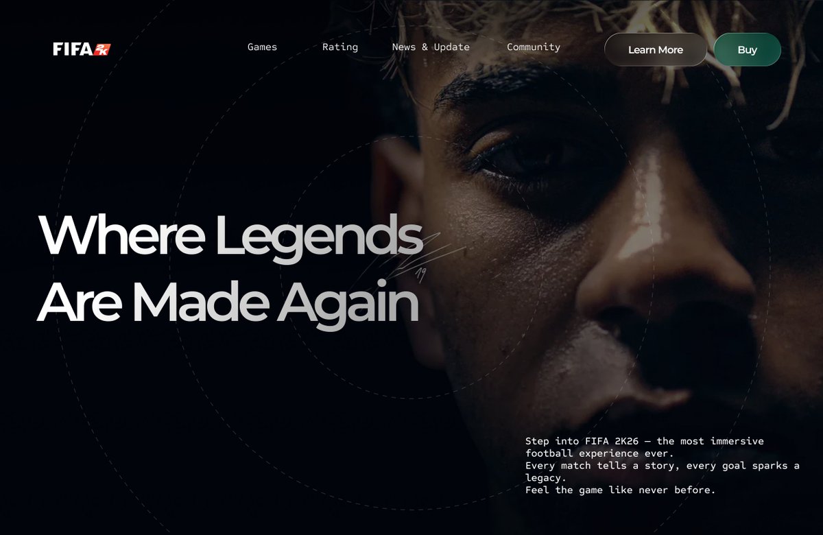 bright_koki's tweet image. Designed a FIFA–2K inspired hero section for a football game landing page — and this direction could visually outshine EAFC ⚽🔥
Clean, cinematic, and player-focused.
Thoughts? 👇
#UI #GamingUI #EAFC #FIFA #landingpage