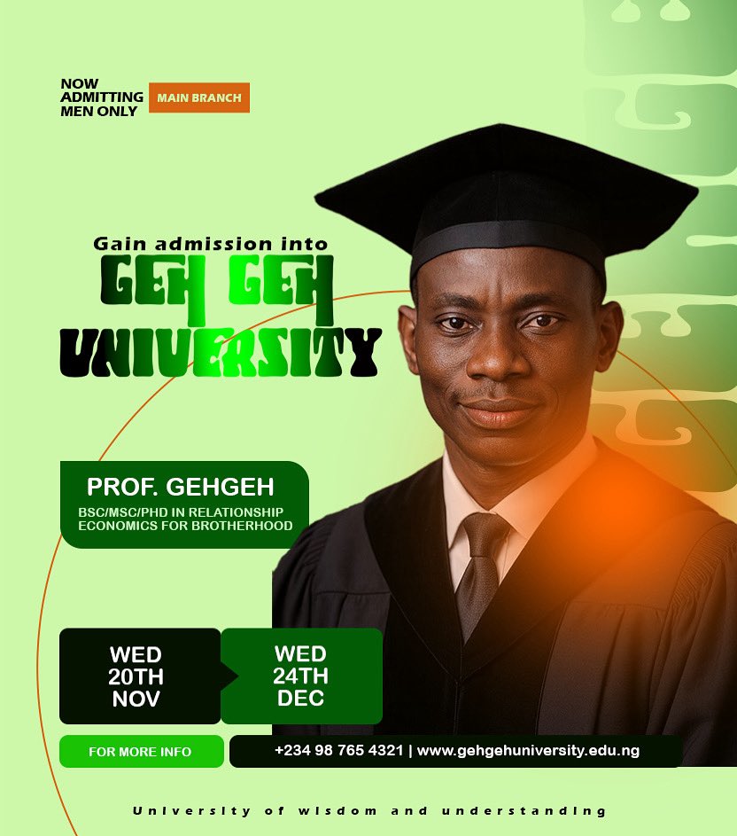 Realetrust's tweet image. Day 2/100 — Design Challenge
Today, I created an admission flyer for a fictional institution: GehGeh University.
Playing with colors, layout balance, and typography helped me push my creativity a bit more today.
On to Day 3! ✨
#100DaysOfDesign #GraphicDesign #DesignChallenge