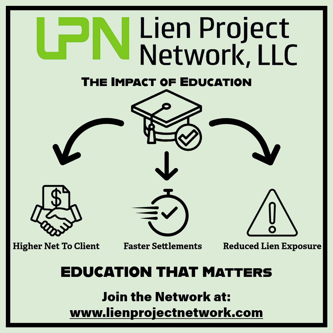 LienProjectNet's tweet image. Education that yields measurable results.

Members of the Lien Project Network report:
- Greater net recovery for clients
- Quicker case resolutions
- Reduced lien exposure

Join the network designed for efficiency and informed strategy at lienprojectnetwork.com

#LienResolution