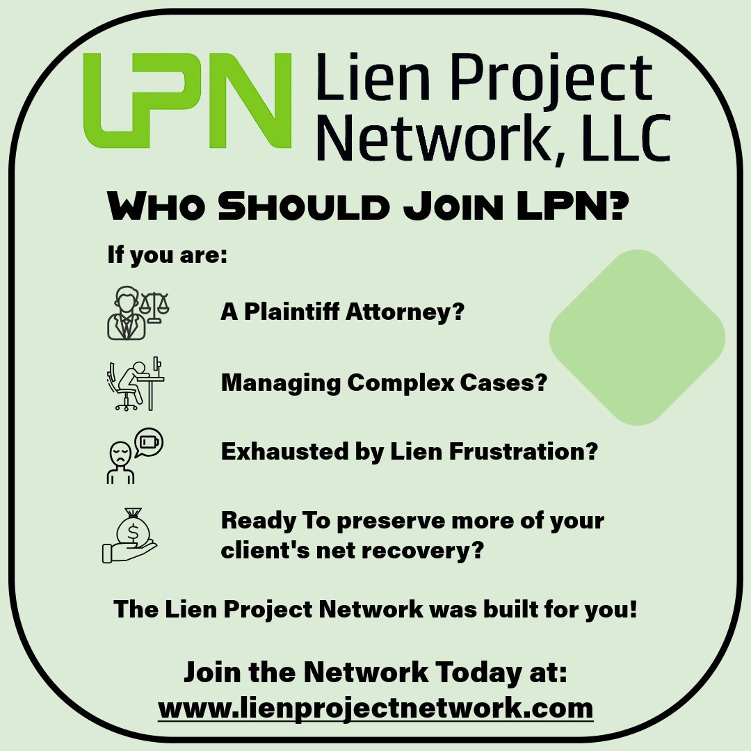 LienProjectNet's tweet image. Who should join LPN?

- Plaintiff attorneys
- Complex case handlers
- Frustrated by lien issues
- Ready to preserve more client net recovery

Visit lienprojectnetwork.com

#LienResolution #AttorneyEducation