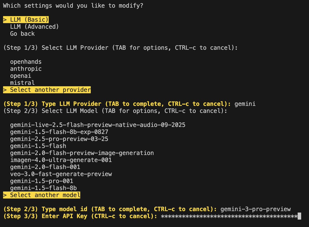 OpenHandsDev's tweet image. We&apos;re happy to announce day-1 support of Gemini 3 Pro!

Just boot up the OpenHands CLI and set gemini-3-pro-preview as the model:
docs.openhands.dev/openhands/usag…
