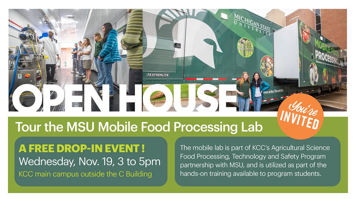Kellogg_CC's tweet image. Students: Tour the MSU Mobile Food Processing Lab on campus Nov. 19!
 
Students and employees are invited to tour the MSU Mobile Food Processing Lab during a drop-in open house from 3 to 5 p.m. Wednesday, Nov. 19, outside the C Building on the North Avenue campus. 
 
The mobile…